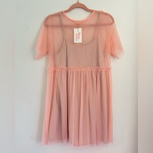 Muse Valley See You Monday Peach Tiered Babydoll Mini Dress Sheer Overlay NWT